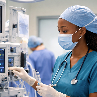Doctor in scrubs working with medical monitoring equipment