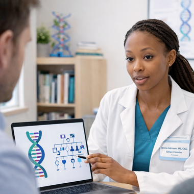 Doctor sitting at a desk pointing to a laptop