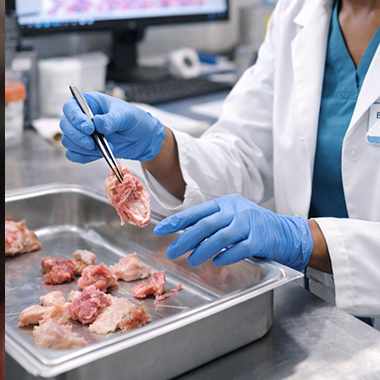 person in a white coat handling specimens with tongs