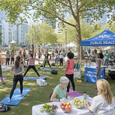 Group of people doing yoga outside on a nice day