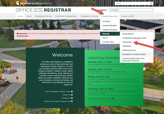 MSU Registrar Website